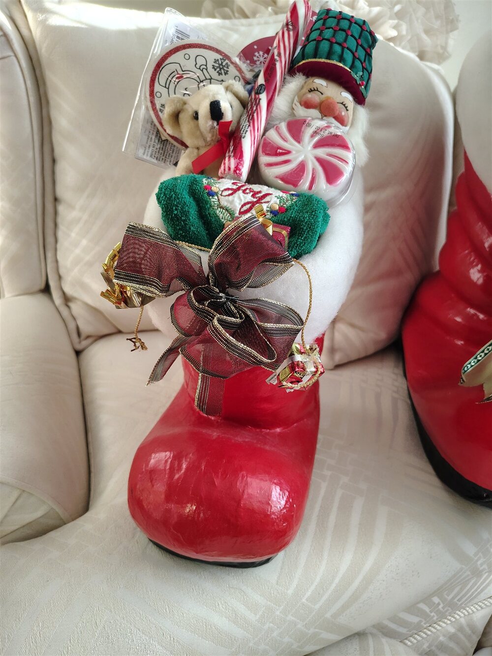 Large Red Santa Boot Christmas Centerpiece with Plush Toys Candy Canes